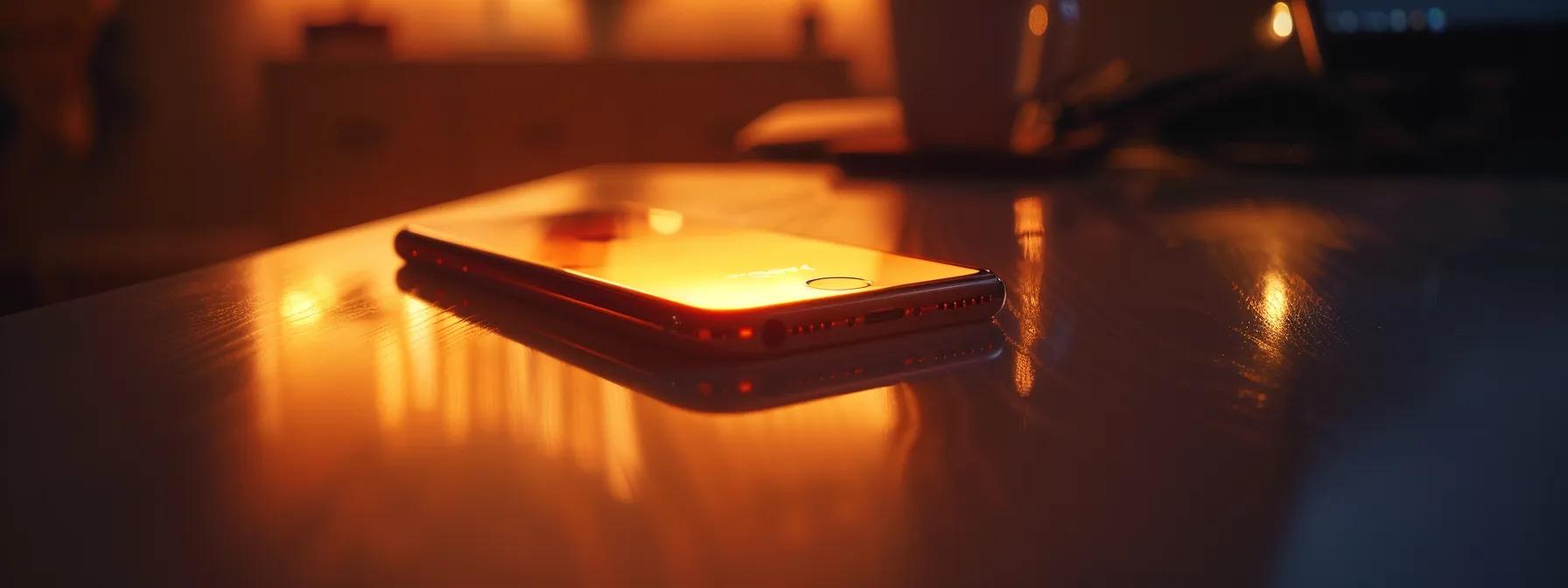 a close-up of a sleek, modern iphone prominently displayed on a polished table, illuminated by soft, ambient light, conveying a sense of accessibility and innovation in customer support for technology enthusiasts.