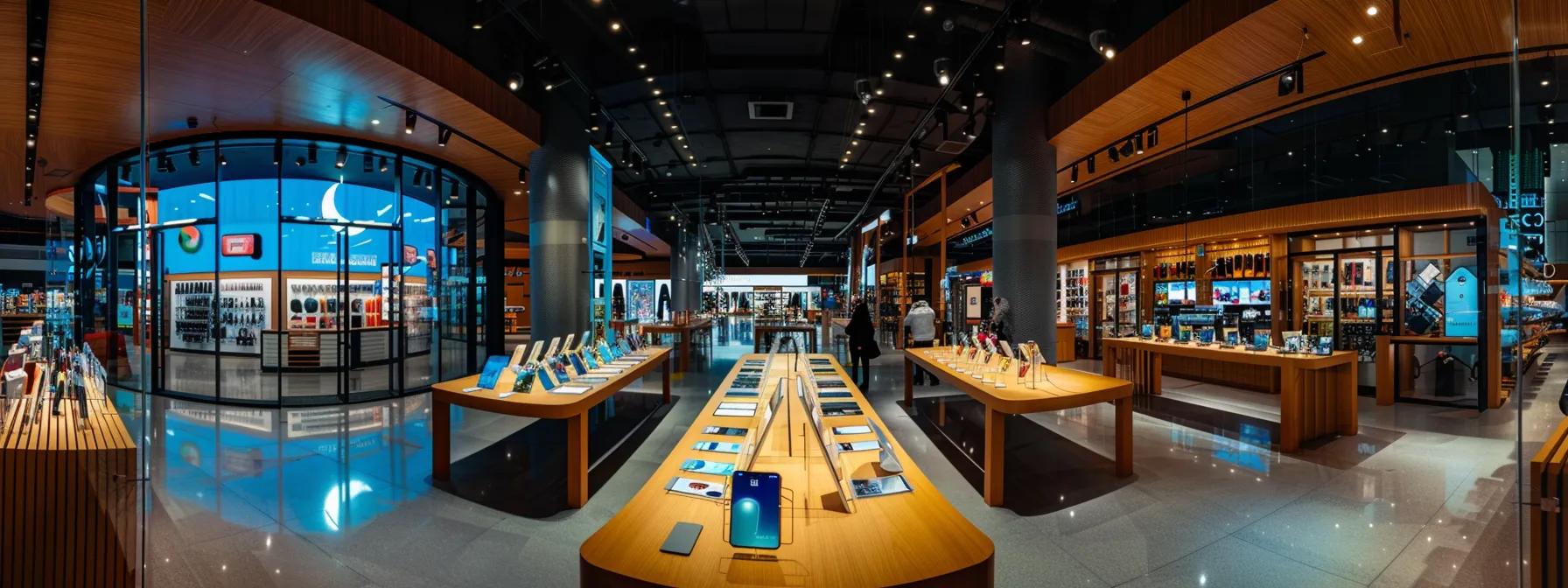 a panoramic view of a vibrant electronics store showcasing the latest iphone models elegantly displayed, illuminated by soft, inviting lighting while a nearby sign highlights exclusive deals and promotions.