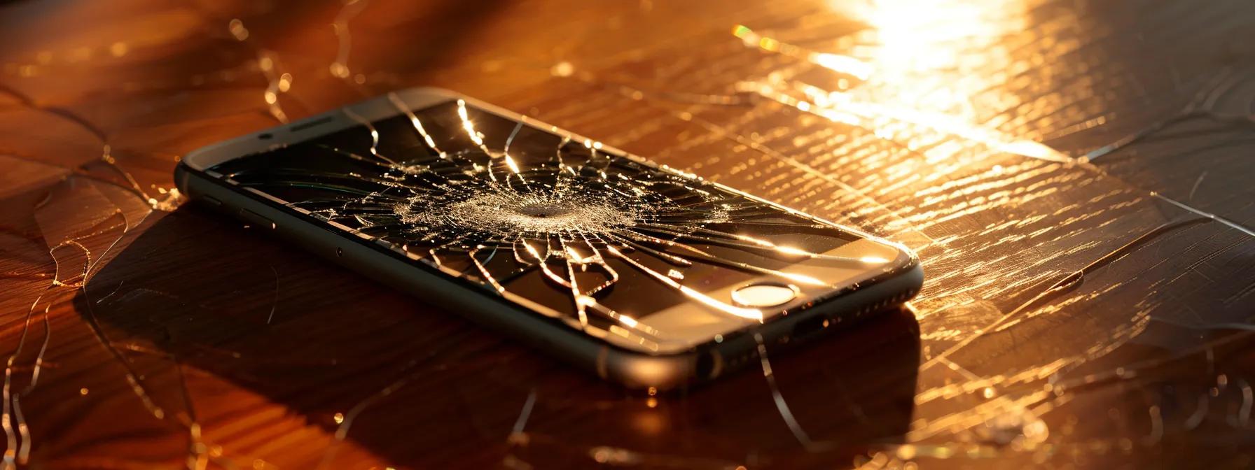 a sleek, cracked iphone resting on a polished wooden table, illuminated by soft natural light, highlighting the intricate details of its shattered screen against the warm tones of the wood.