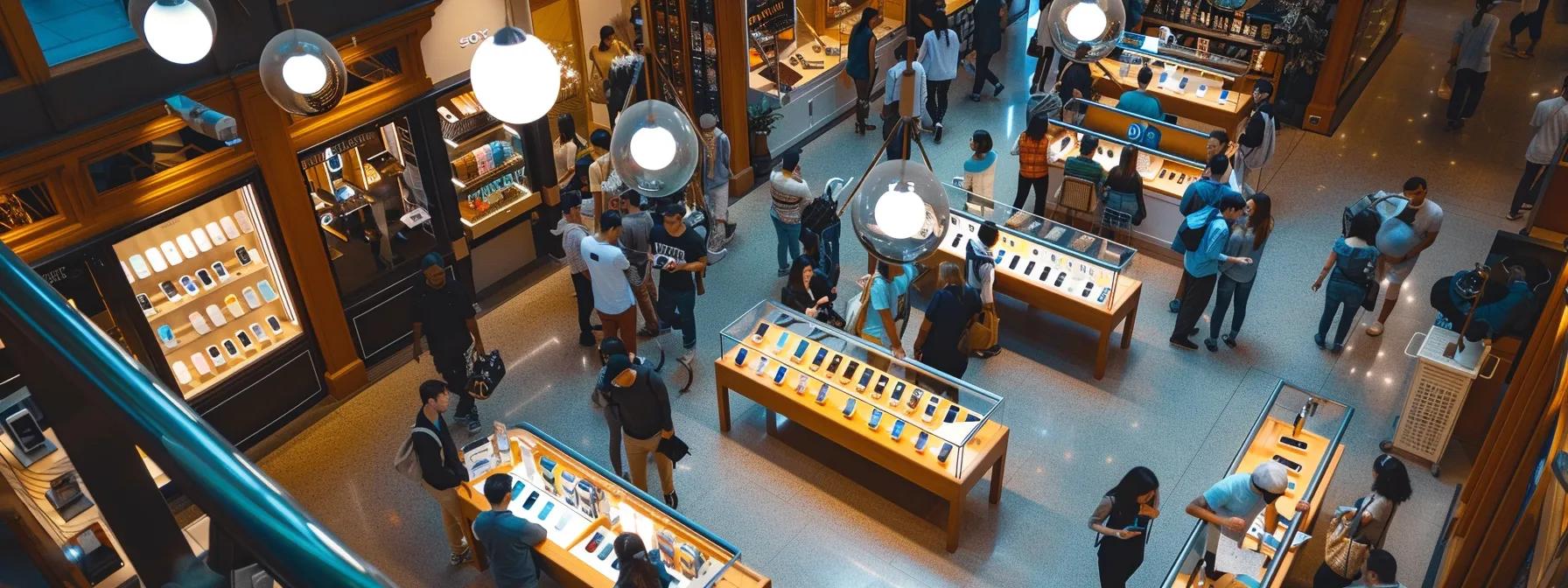a vibrant, bustling local retail store showcases the latest iphones, illuminated by warm lighting, as customers eagerly explore options amidst an inviting atmosphere brimming with excitement for the newest technology.