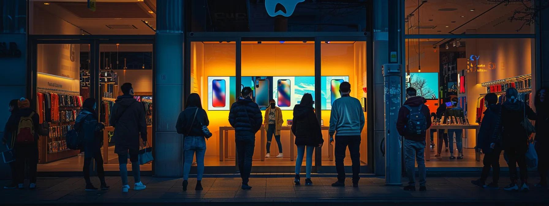 a vibrant storefront displaying the latest iphone models, illuminated by soft, inviting lighting, with excited customers eagerly gathered outside, capturing the anticipation of their upcoming release.