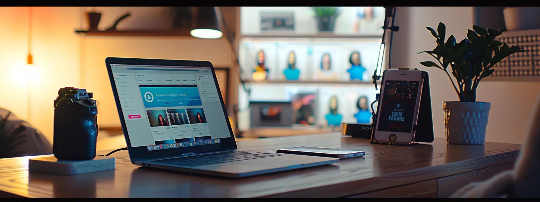 a visually striking scene captures a sleek, modern workspace featuring a brand-new iphone on a polished desk, alongside a laptop displaying a vibrant e-commerce website, illuminated by soft, natural light filtering through a nearby window, symbolizing the ease and efficiency of online tech shopping.
