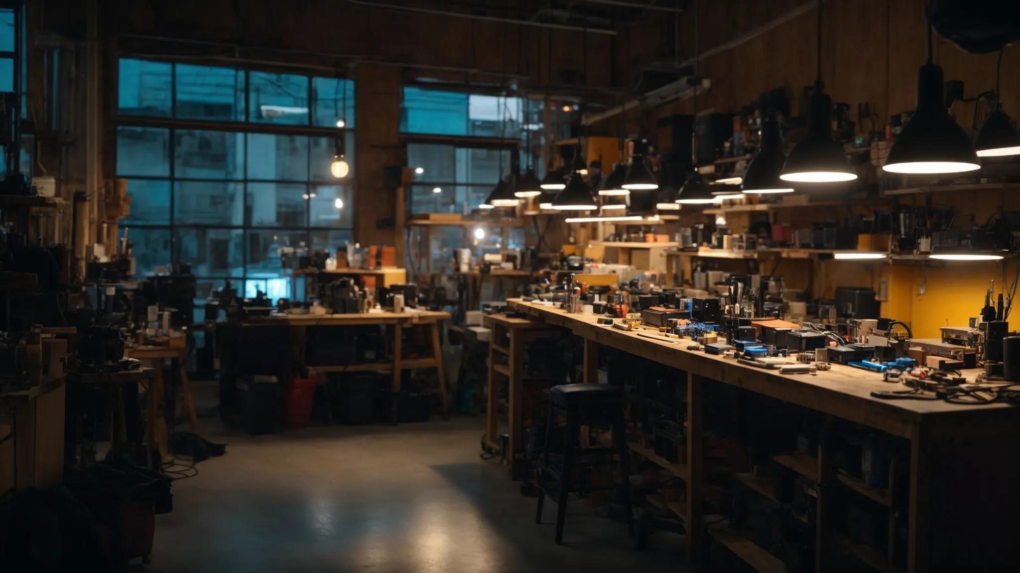 a vibrant smartphone repair workshop, illuminated by bright overhead lights, showcasing various tools and devices artfully arranged on a sleek workbench, embodying a scene of precision and skill in technology restoration.