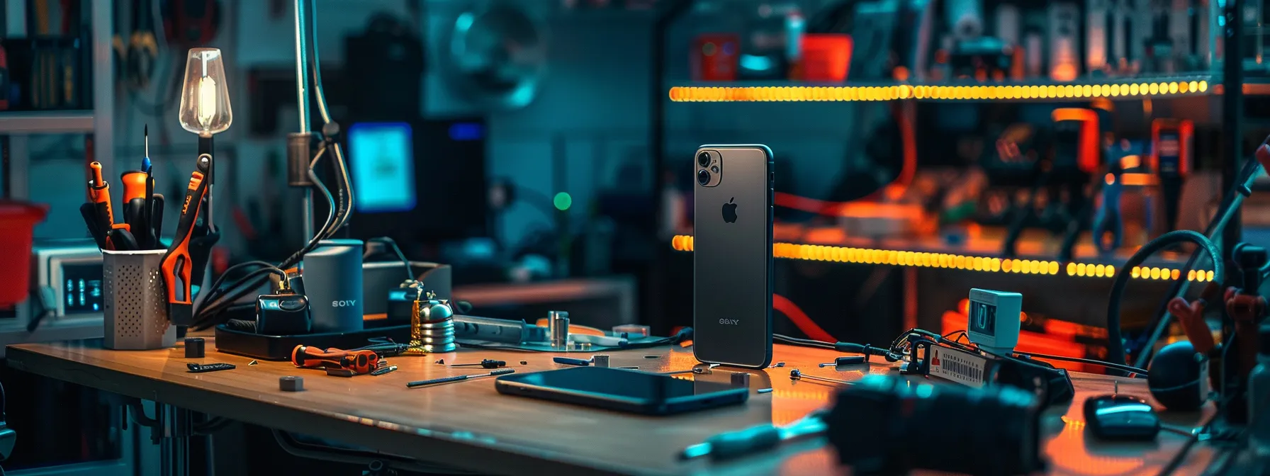 a sleek, modern iphone rests on a polished workbench, surrounded by high-tech repair tools and glowing screens displaying the latest trends in iphone repair technologies, illuminated by soft, focused lighting. a sleek, modern iphone rests on a polished workbench, surrounded by high-tech repair tools and glowing screens displaying the latest trends in iphone repair technologies, illuminated by soft, focused lighting.