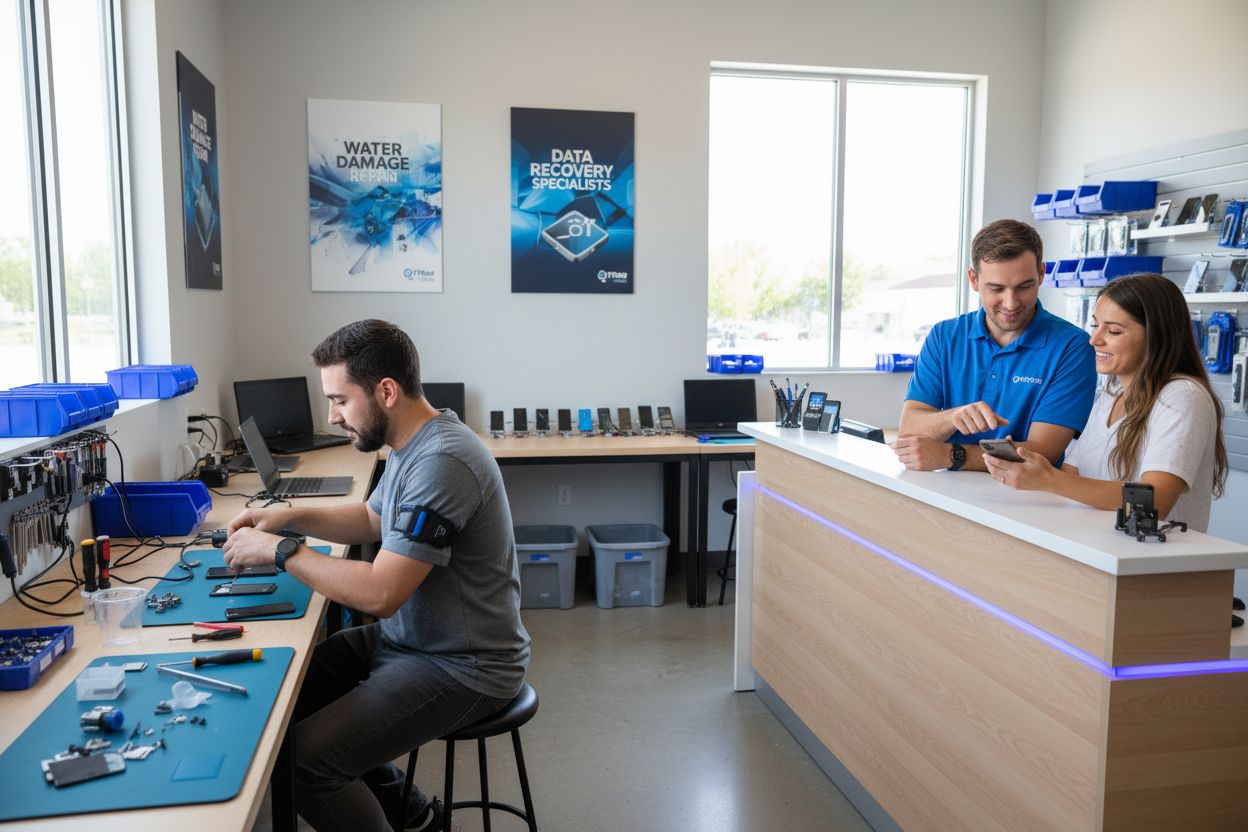 device repair shop, technician helping customer device repair shop, technician helping customer