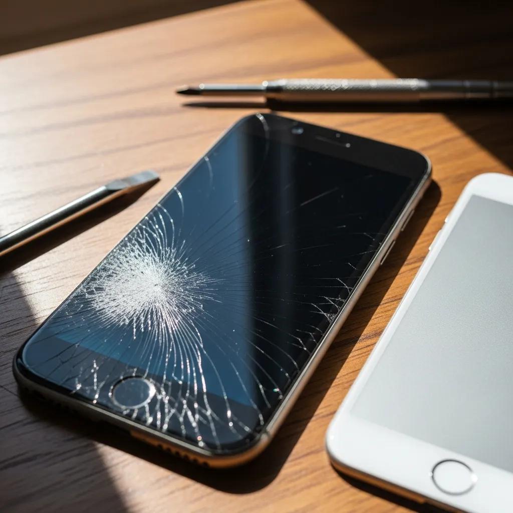 Close-up of a cracked iPhone screen with repair tools, emphasizing the urgency of screen repair