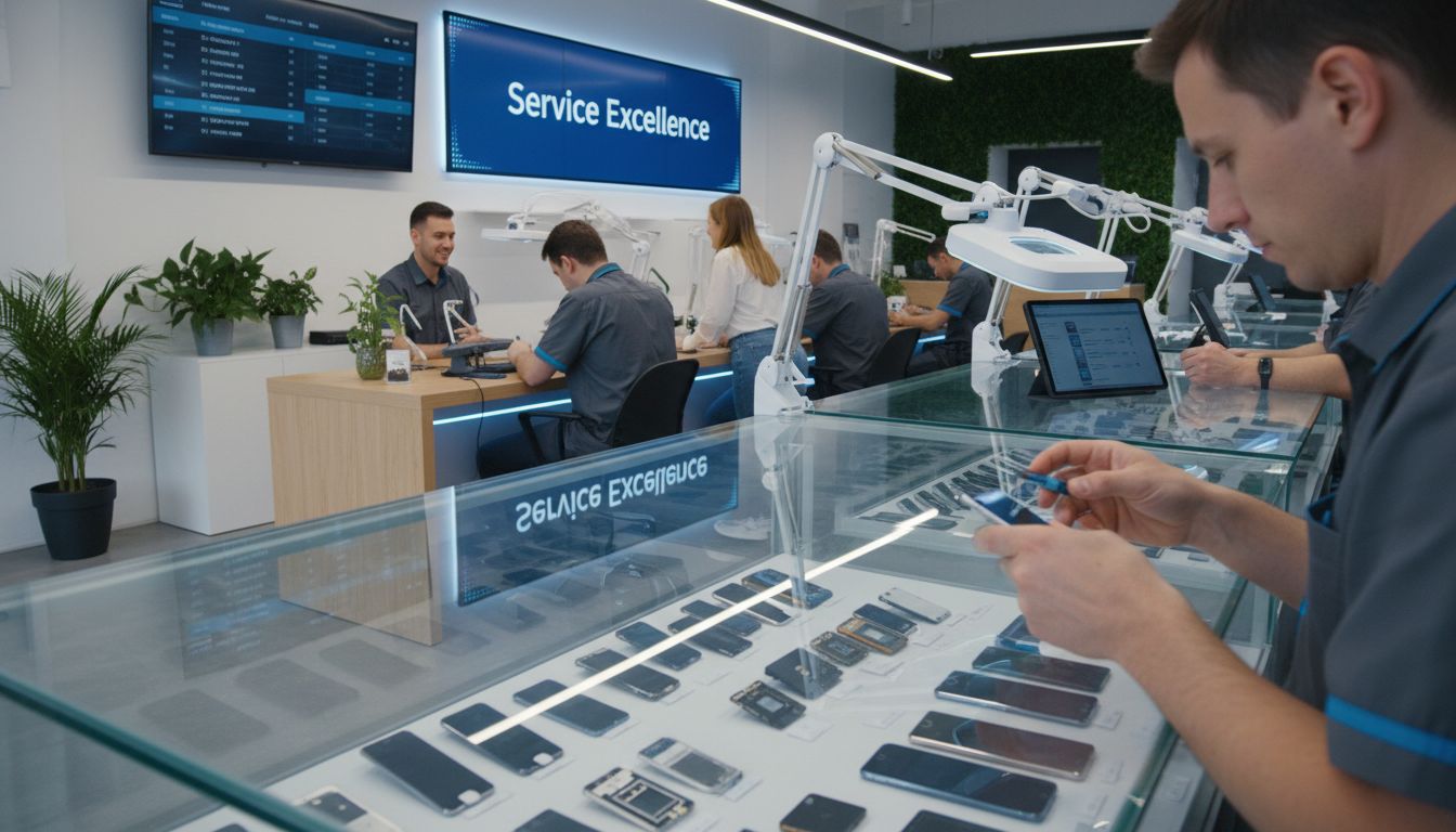 Modern repair shop with technicians and customers Modern repair shop with technicians and customers