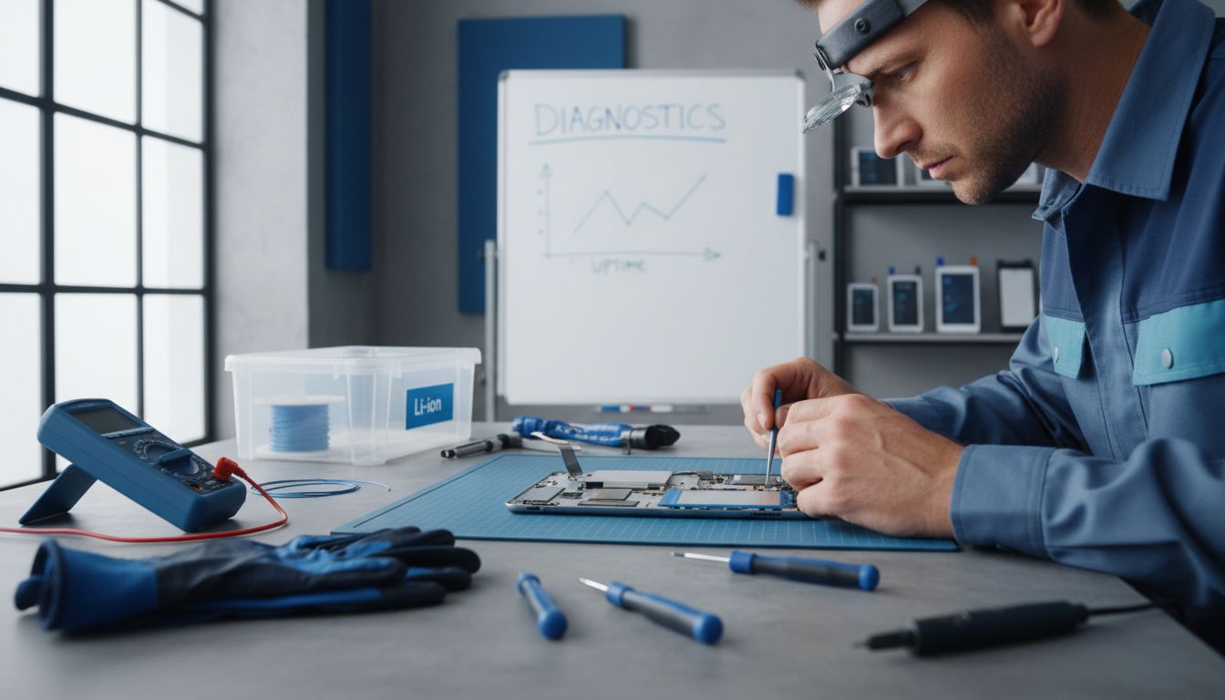 Technician examining tablet battery at workbench