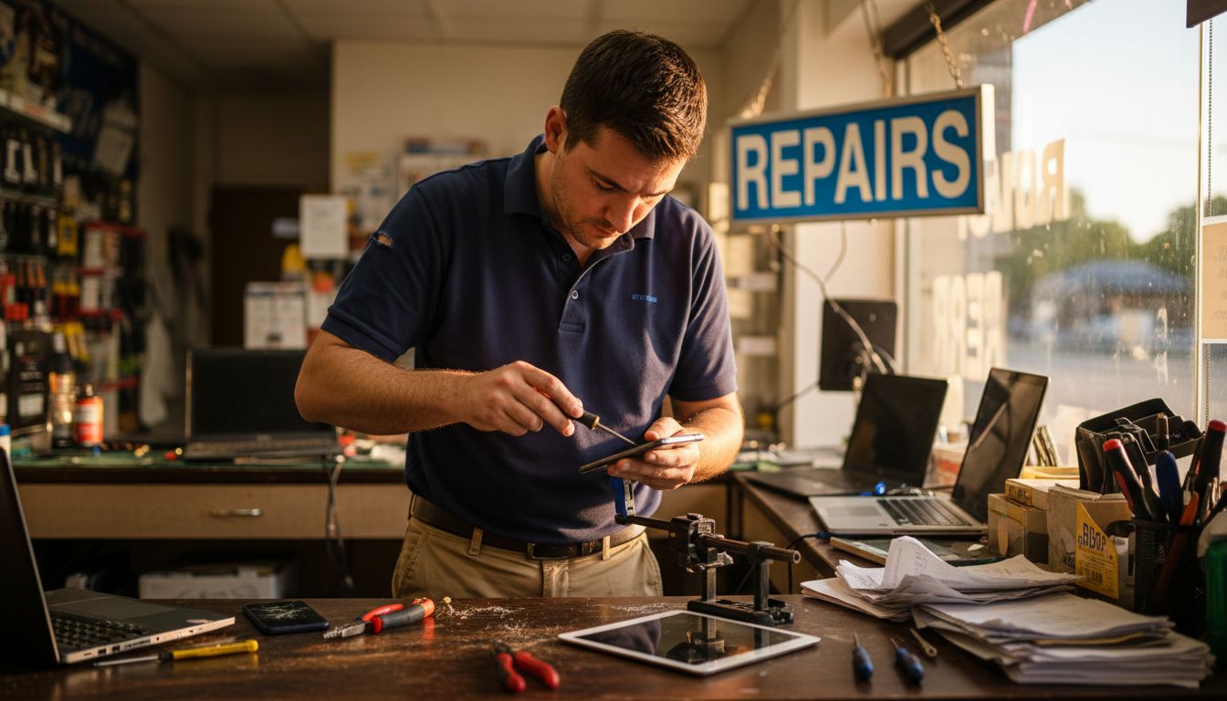 Technician repairing smartphone at cluttered counter