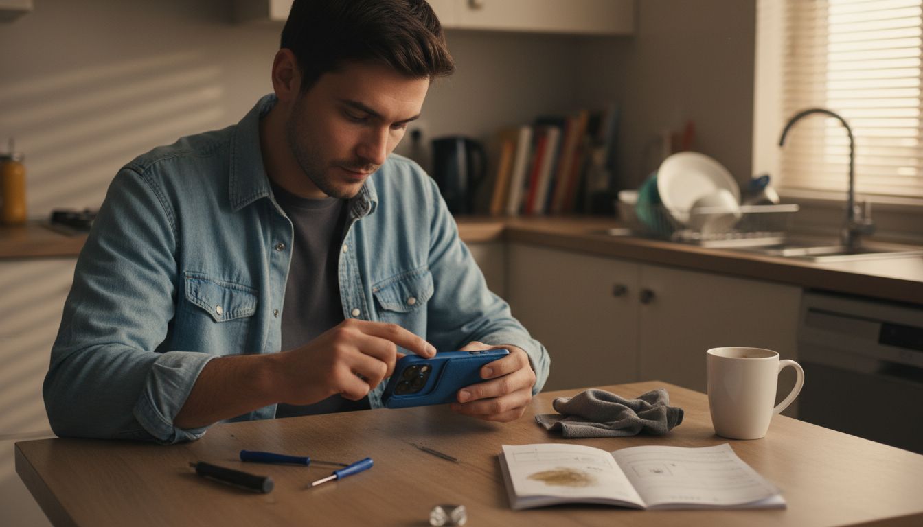 Man protecting just-repaired smartphone at home Man protecting just-repaired smartphone at home
