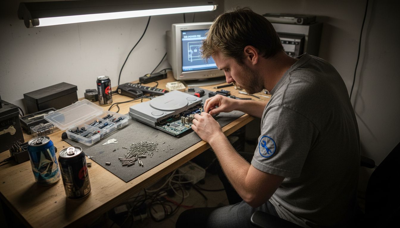 Technician repairing console at cluttered workbench
