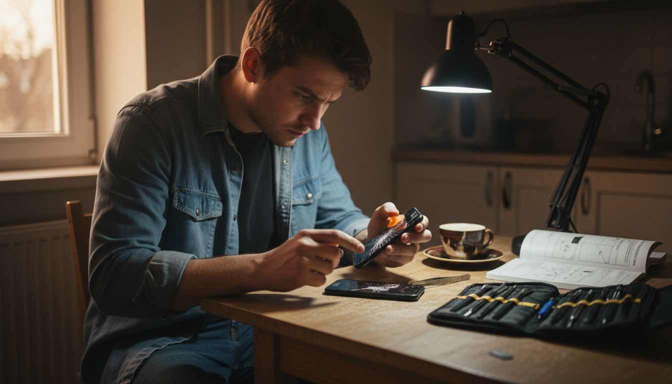 Man repairing phone screen at kitchen table