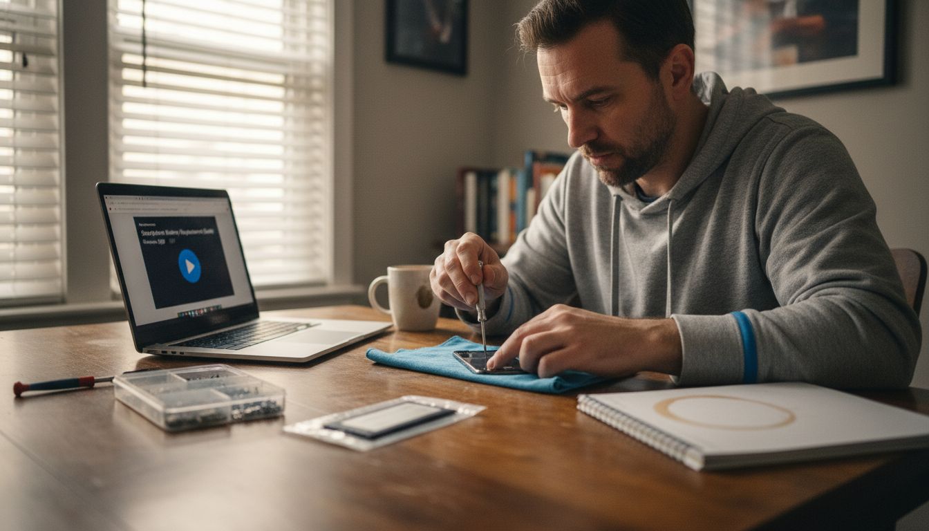 Man replacing smartphone battery at cluttered table Man replacing smartphone battery at cluttered table