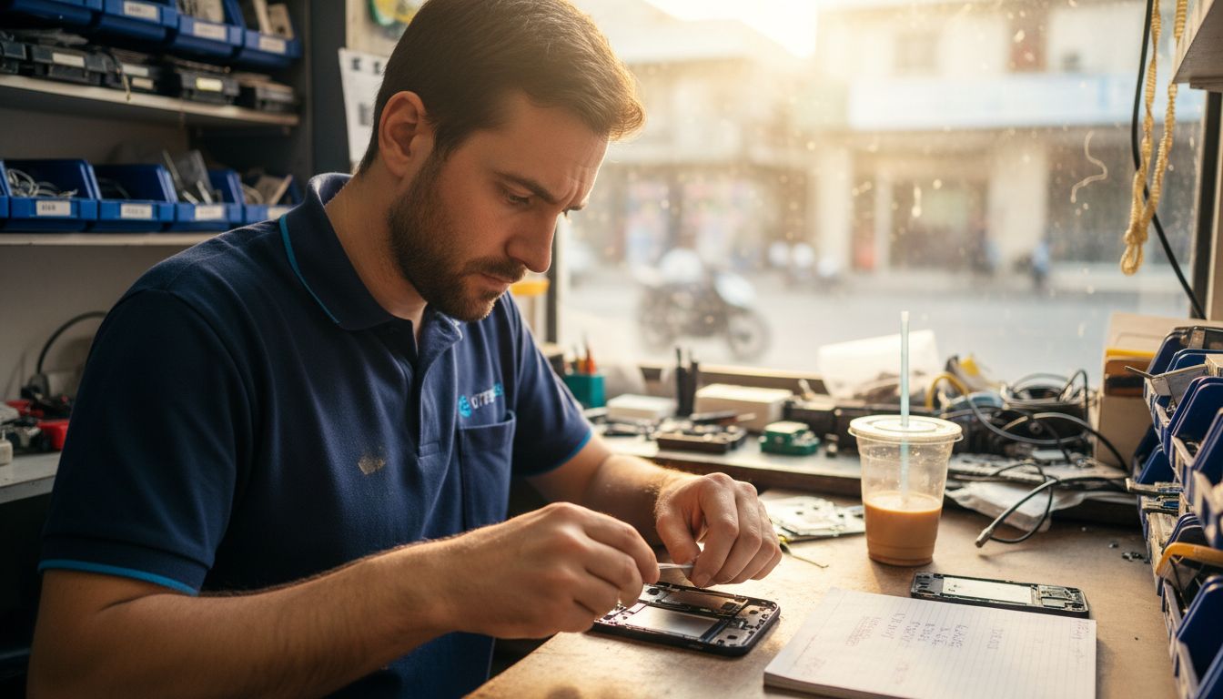 Technician replacing smartphone battery at workbench