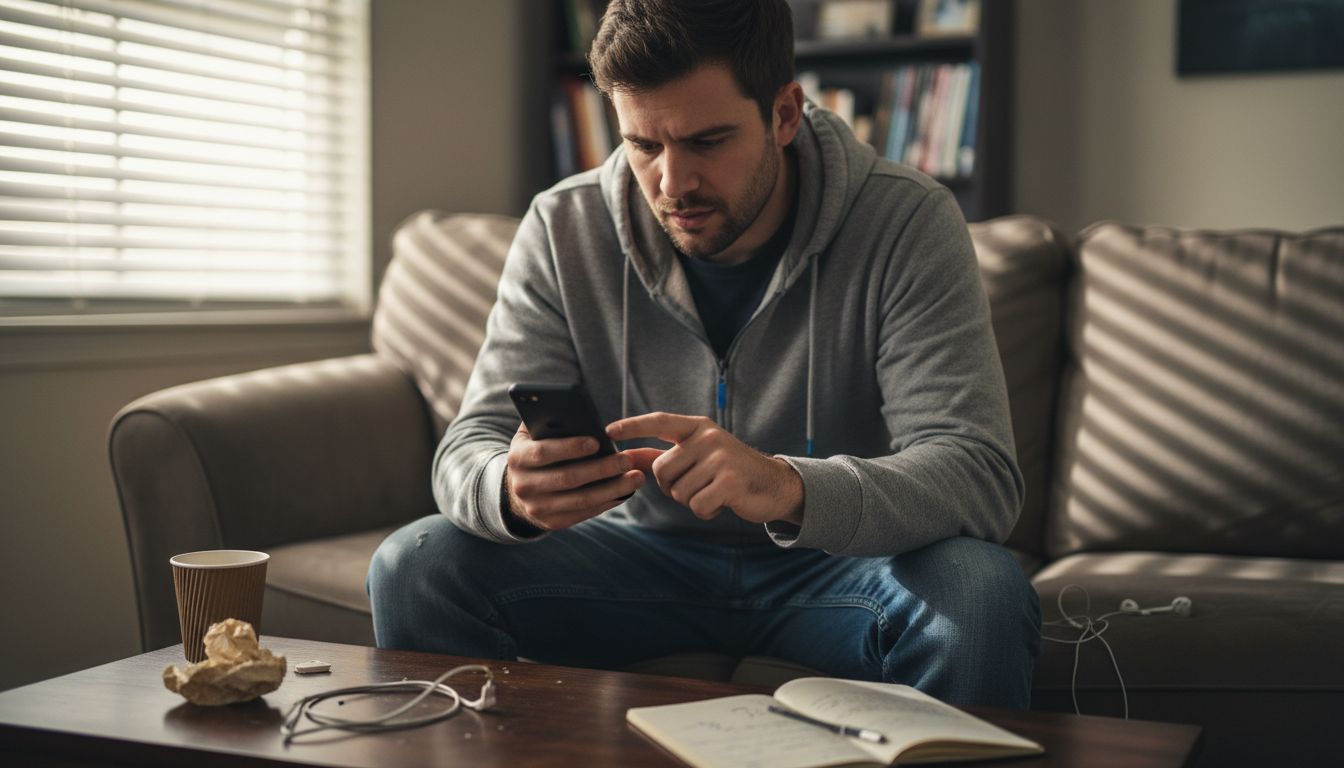 Person troubleshooting smartphone on living room couch