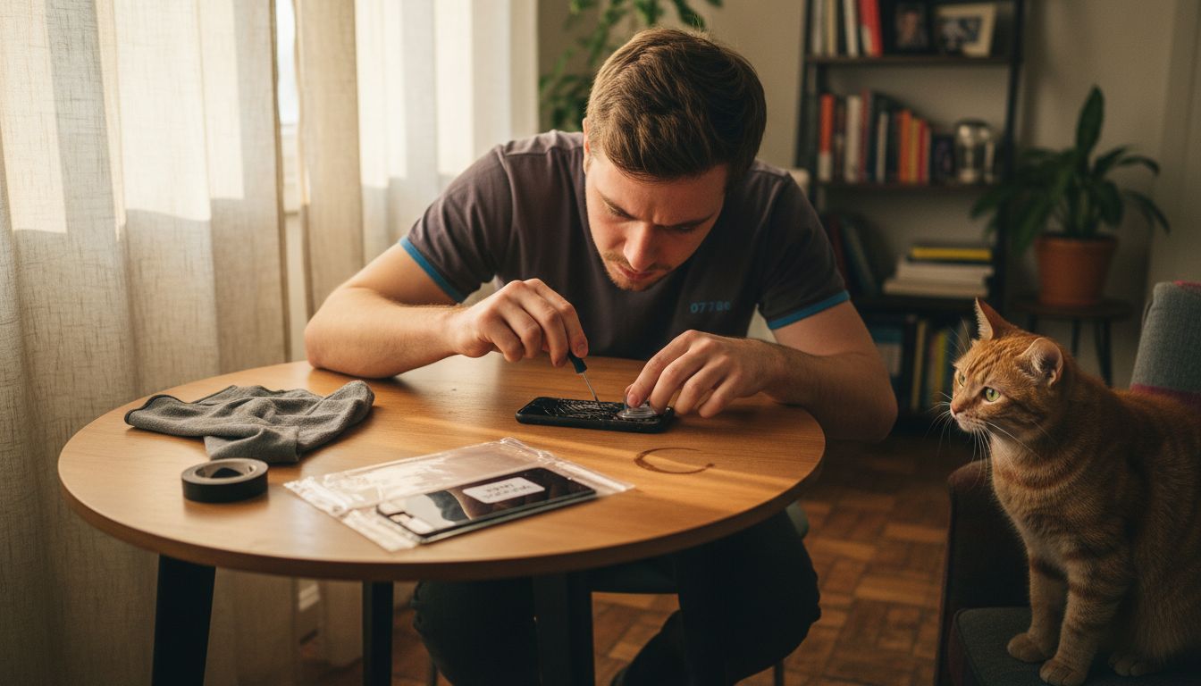Man repairing phone screen at home table Man repairing phone screen at home table