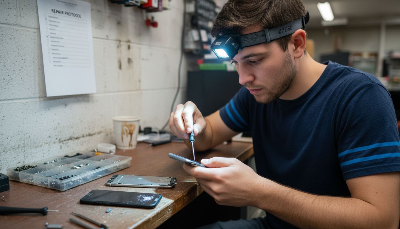 Technician checks mobile repair steps at workbench Technician checks mobile repair steps at workbench