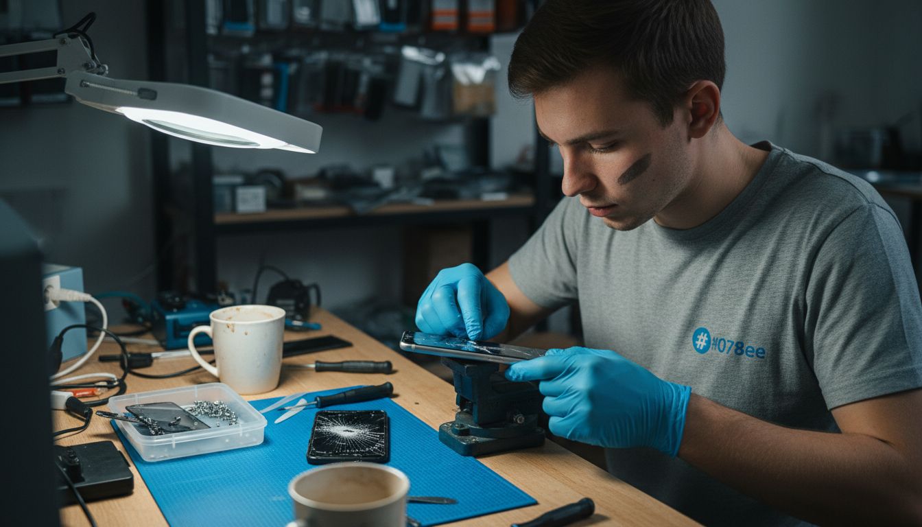Technician replacing cracked mobile phone screen