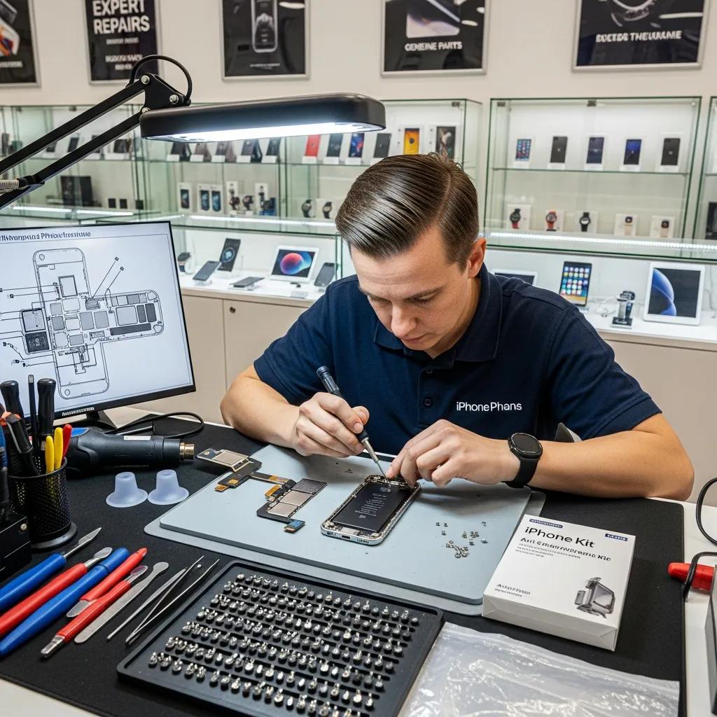 Technician repairing an iPhone screen in a modern repair shop