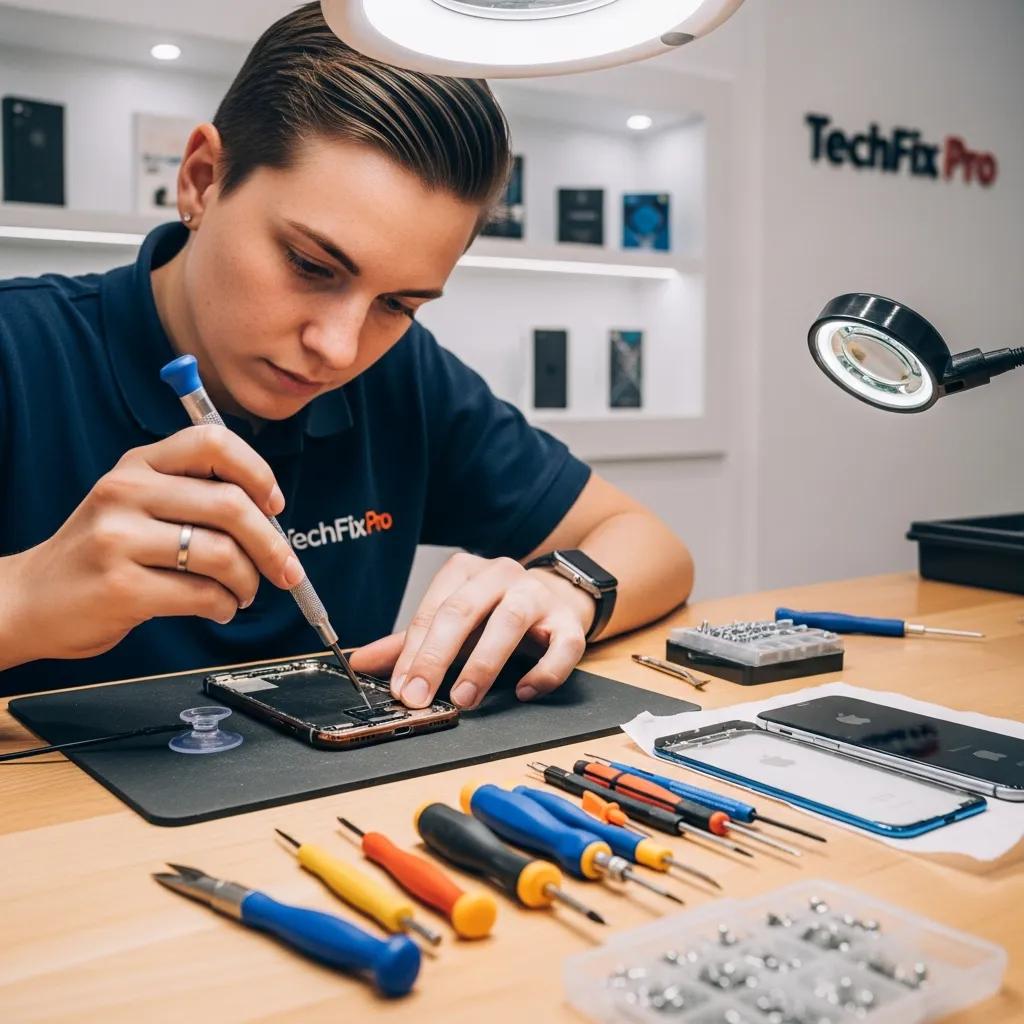 Technician repairing an iPhone screen in a modern repair shop, emphasizing quality service and professionalism