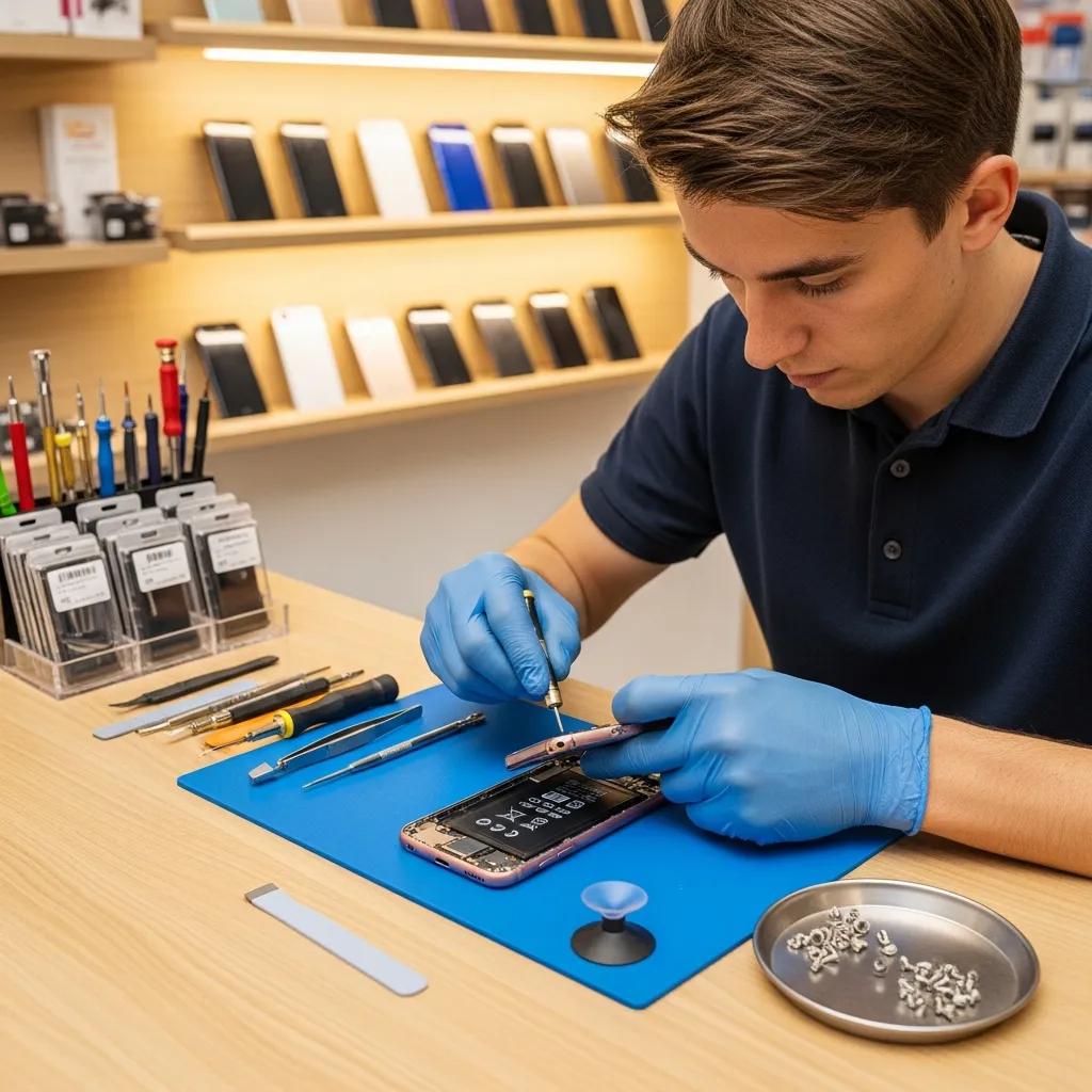 Technician replacing a smartphone battery in a repair shop, emphasizing professional service and expertise