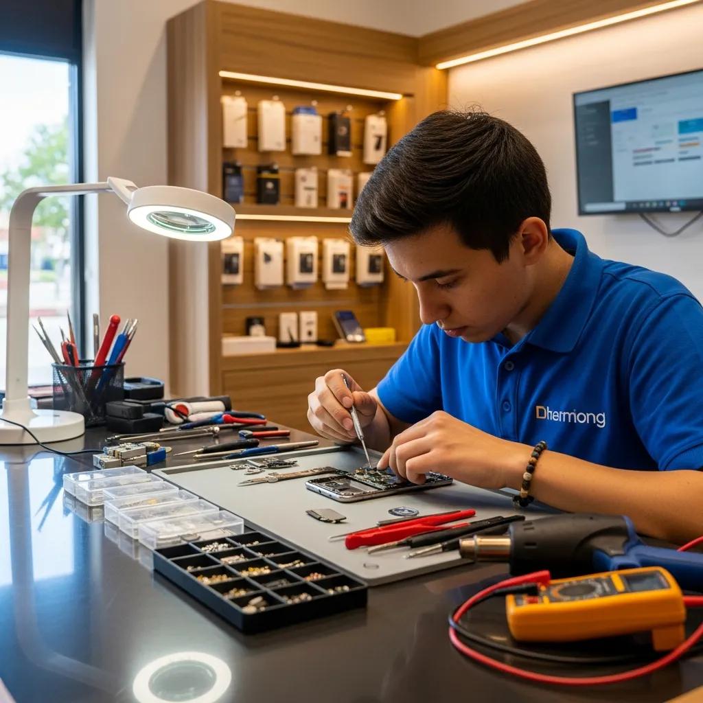 Technician repairing a smartphone in a modern repair shop, highlighting device repair services