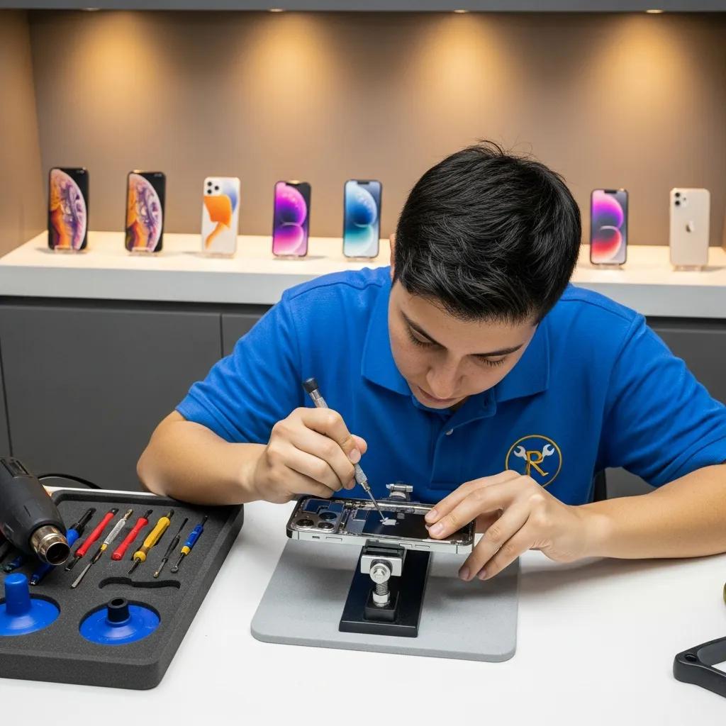 Technician repairing an iPhone screen in a professional repair shop