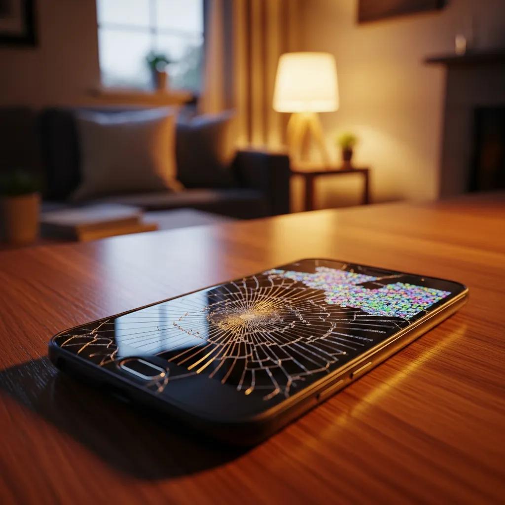 Close-up of a cracked smartphone screen on a wooden table, highlighting the dilemma of repair versus replacement