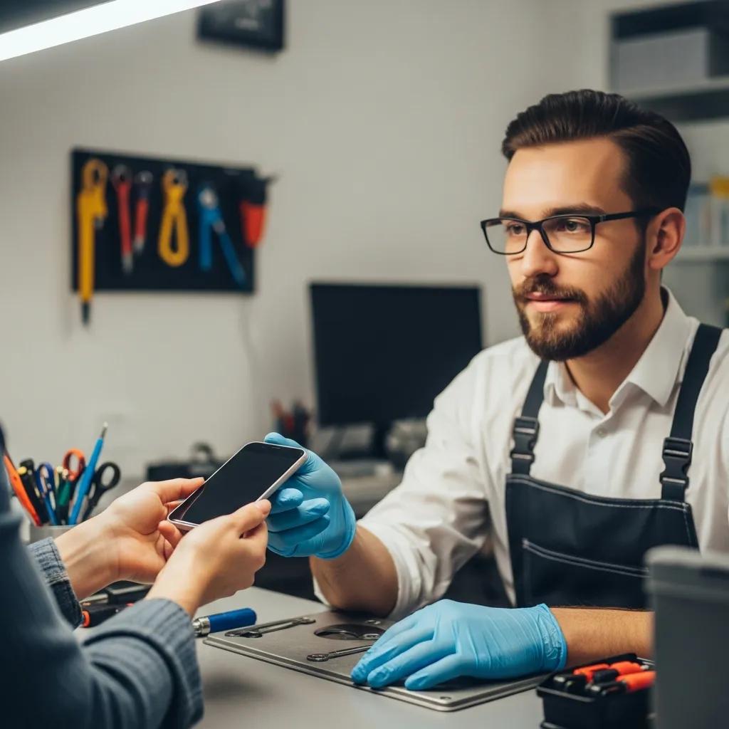Person handing over a smartphone to a technician in a repair shop, emphasizing data protection and trust