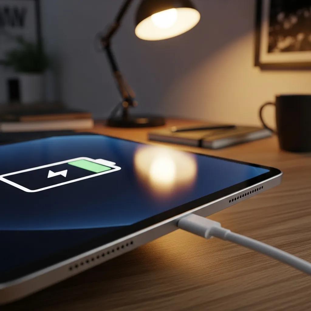 iPad charging with a cable in a cozy workspace setting