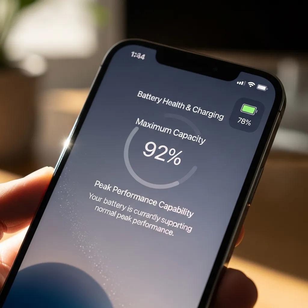 iPhone battery health screen showing metrics for maximum capacity and peak performance