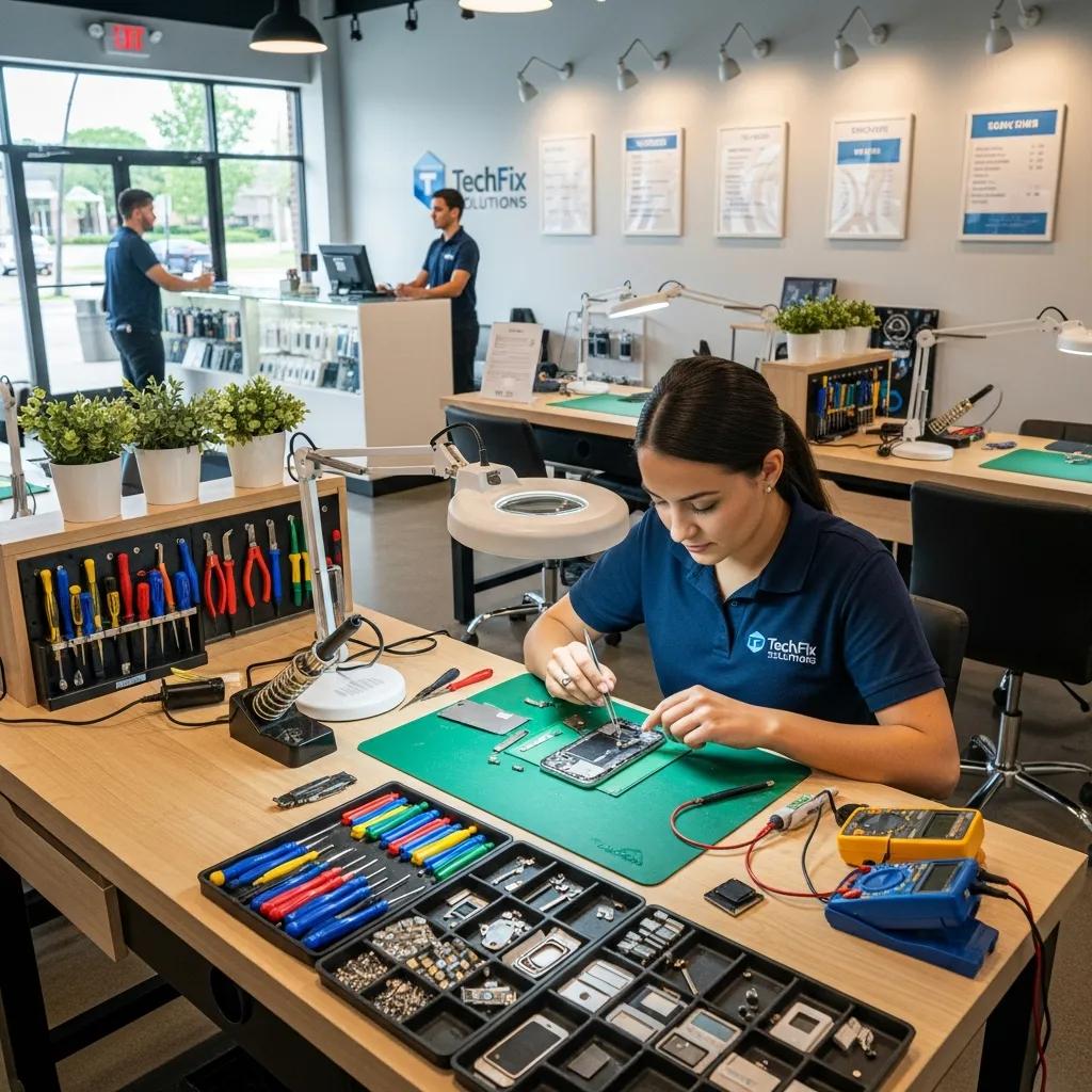 Modern phone repair shop with technicians repairing smartphones and organized tools