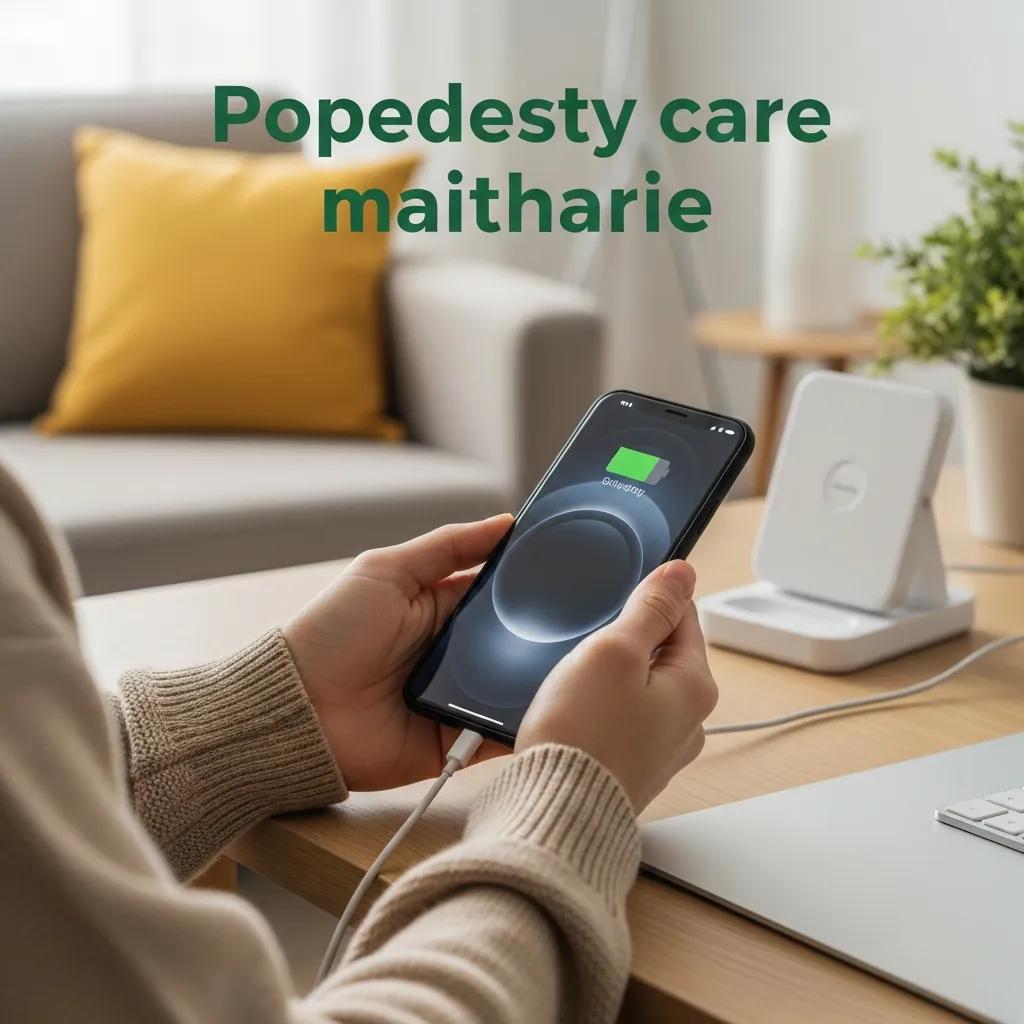 Person handling a smartphone with care in a cozy home setting, emphasizing battery maintenance and smartphone longevity