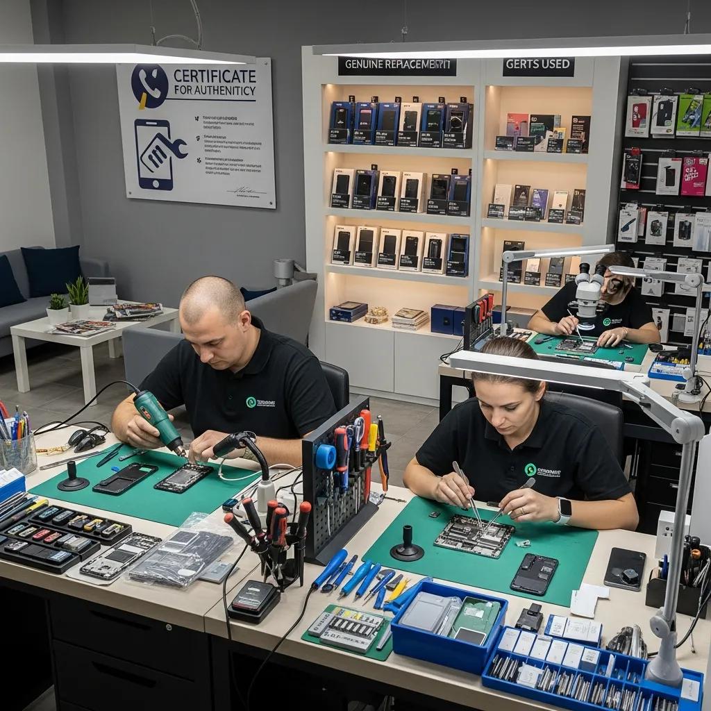 Professional phone repair shop interior with technicians working on devices