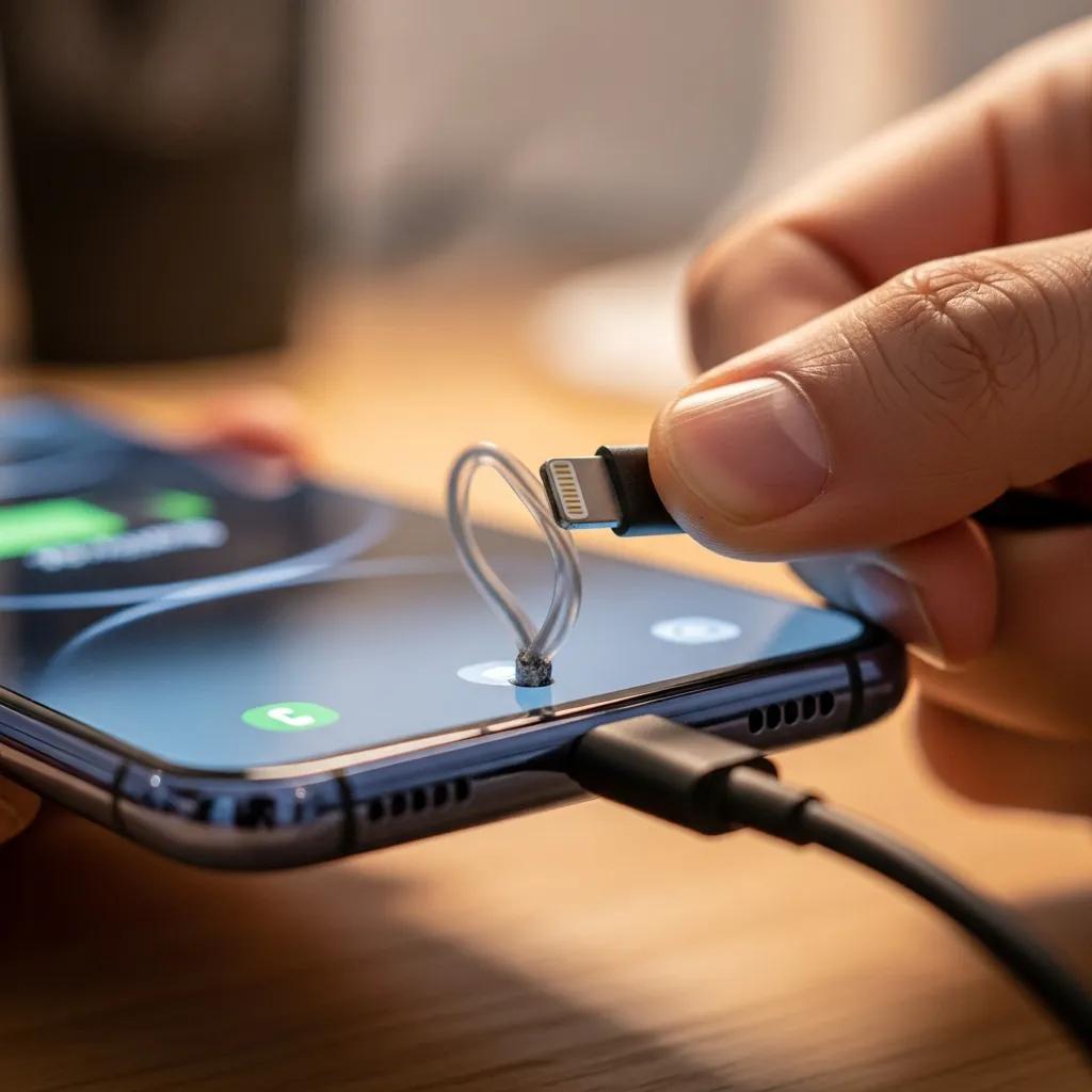 Smartphone charging issue with cable being wiggled, illustrating common phone charging problems