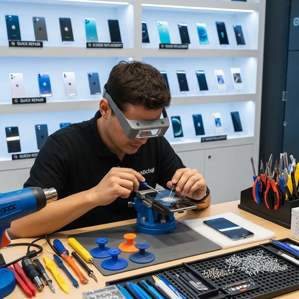 Technician repairing a smartphone in a modern repair shop, highlighting same-day phone repair services