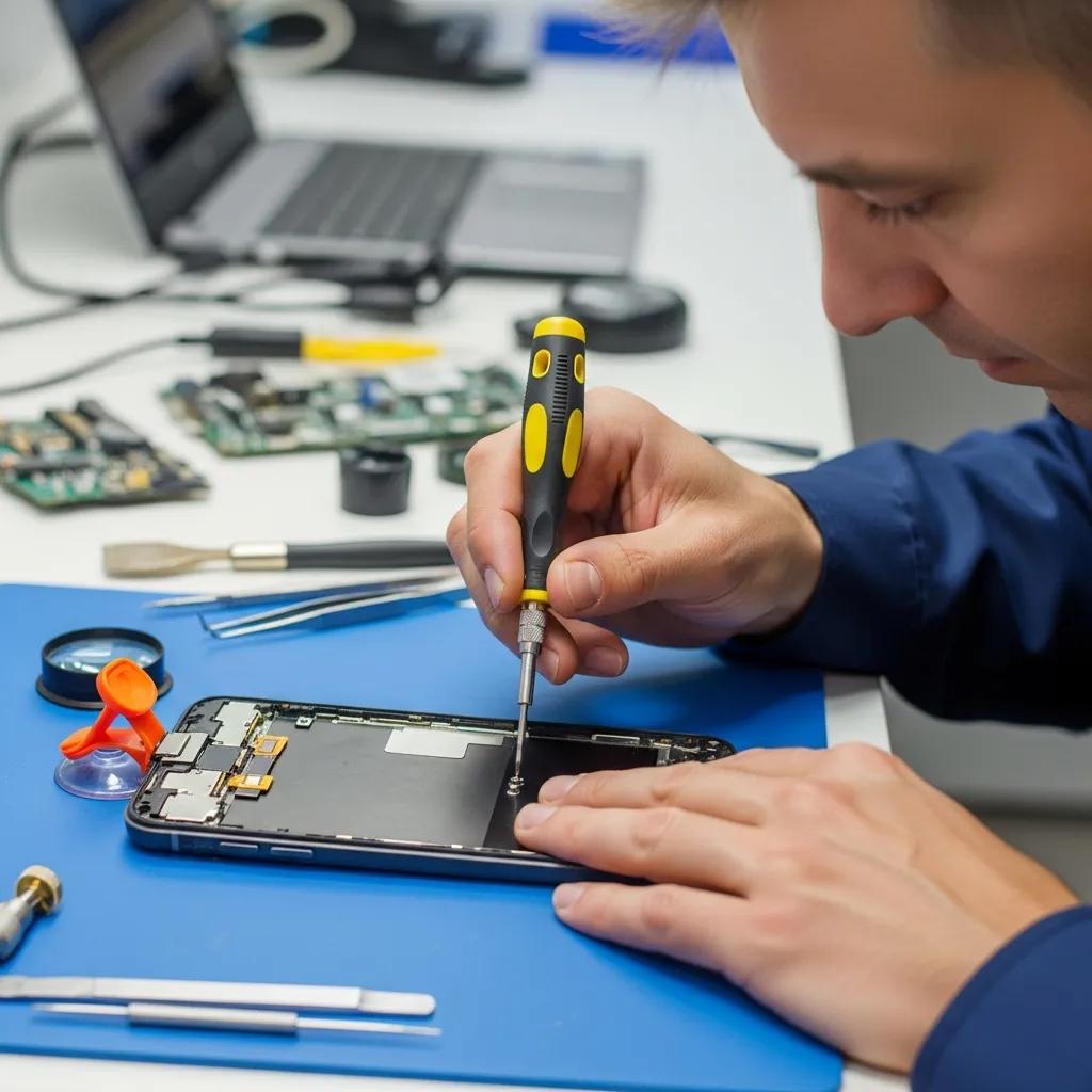 Technician repairing a touch screen device with tools in a well-lit workspace