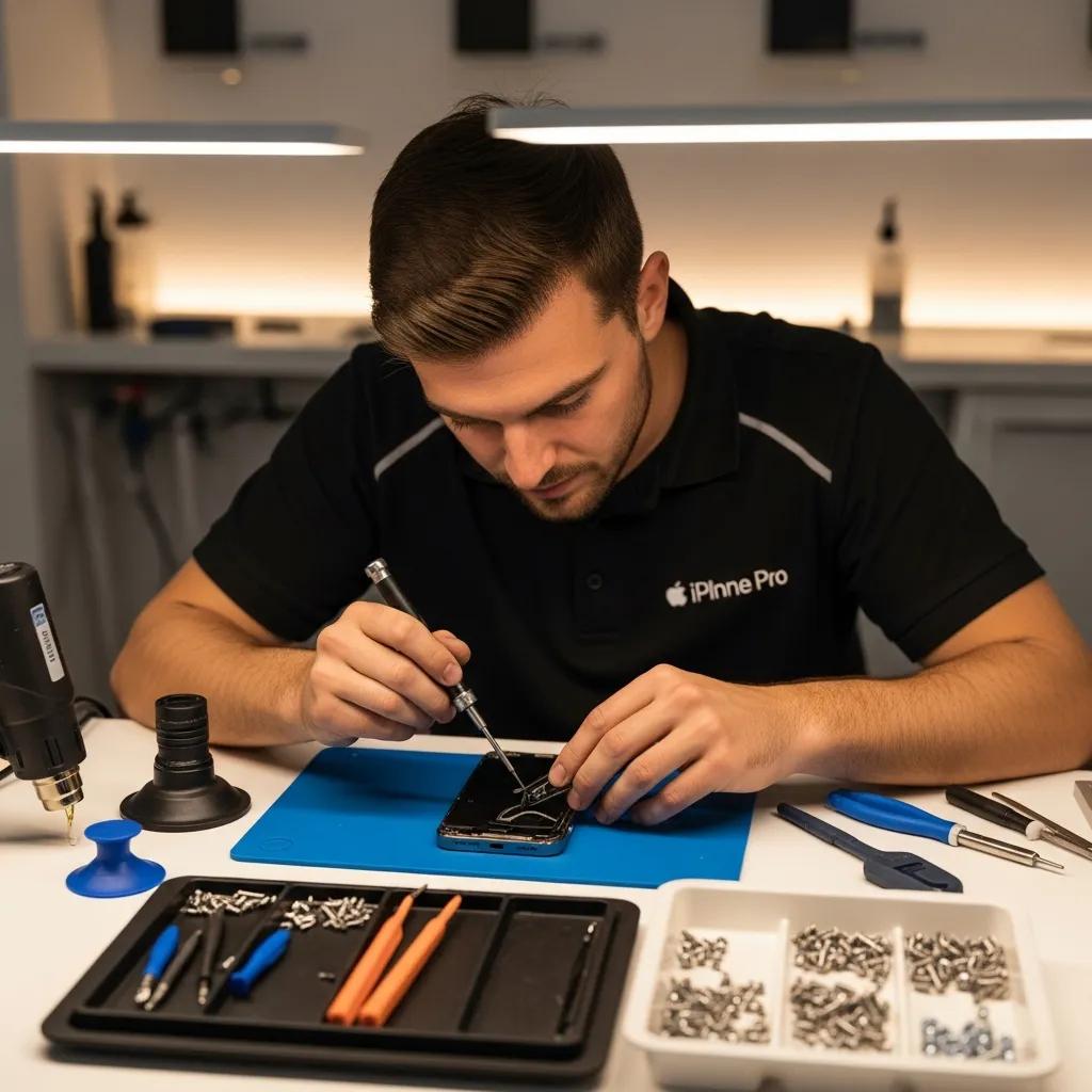 Technician repairing an iPhone screen in a modern repair shop