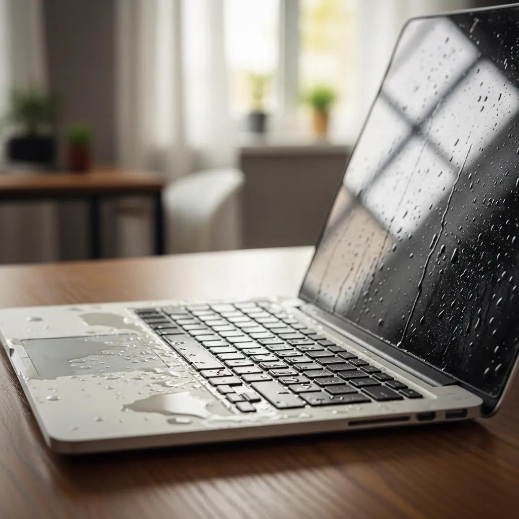 Laptop with water damage showing moisture on keyboard and screen in a home office setting