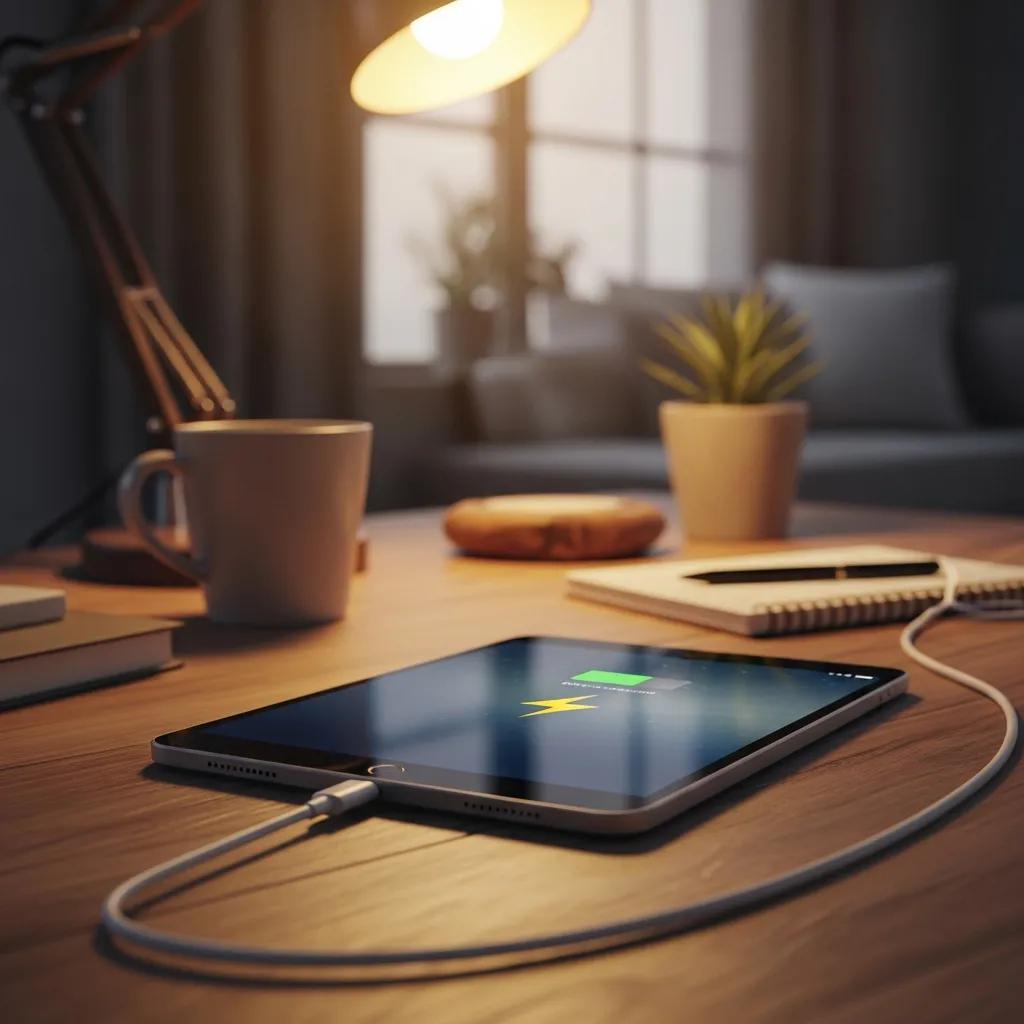 iPad charging with a cable in a cozy workspace setting