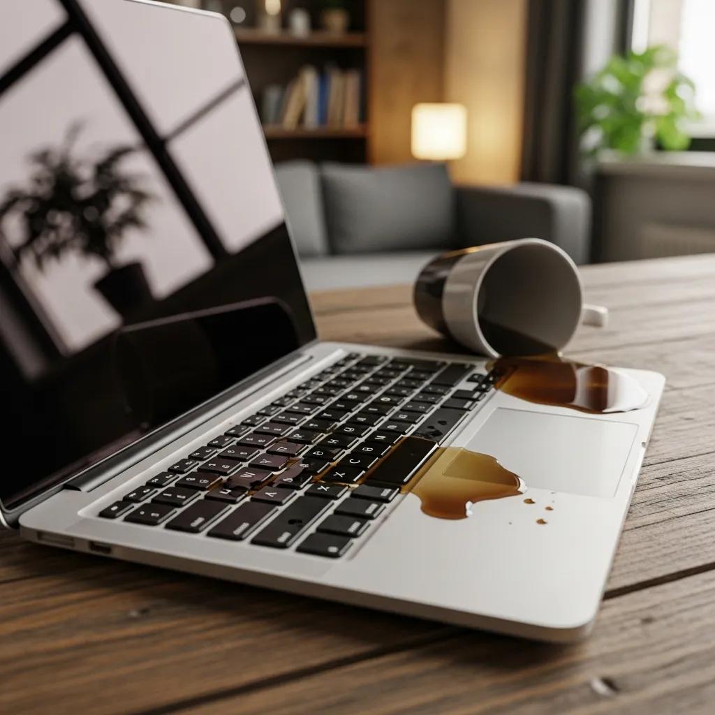 Laptop with water damage and spilled drink on a desk, illustrating the impact of liquid exposure