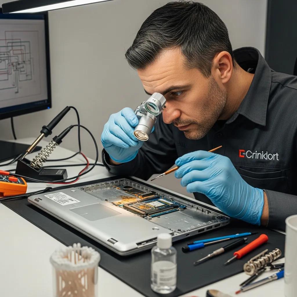 Technician inspecting a water-damaged laptop in a repair shop
