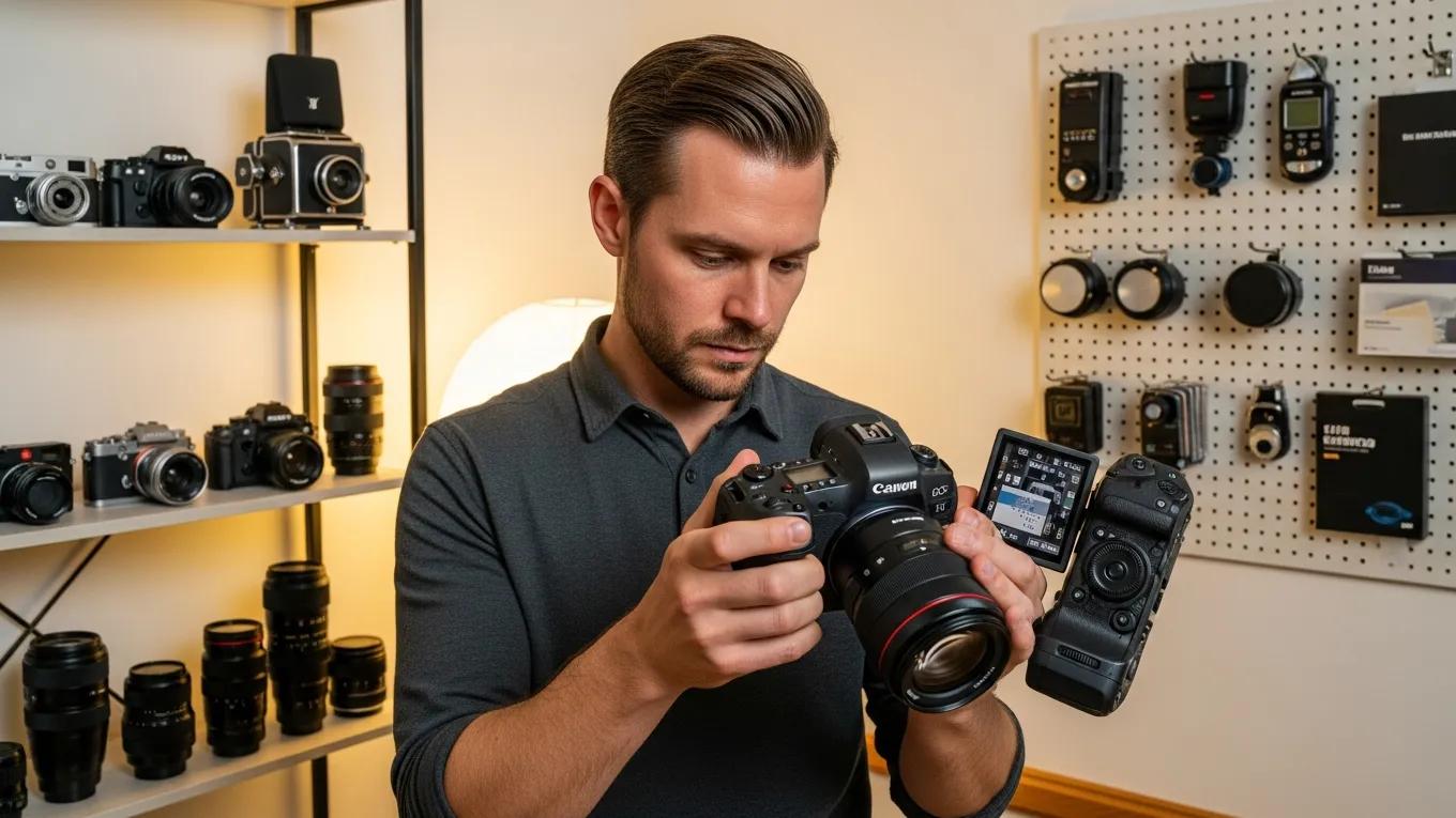 Professional photographer assessing a camera in a studio, emphasizing the importance of camera repair and maintenance