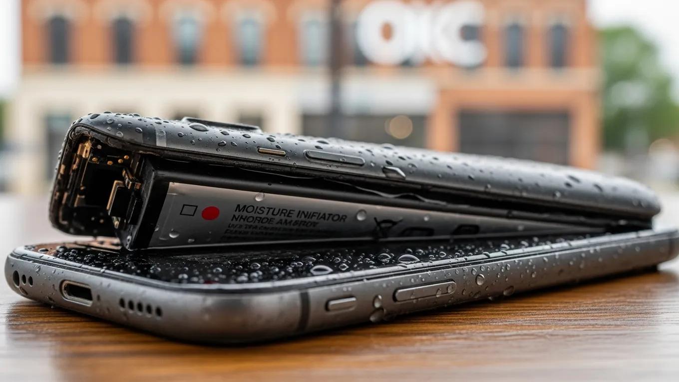 Water-damaged smartphone with visible swelling and moisture indicator
